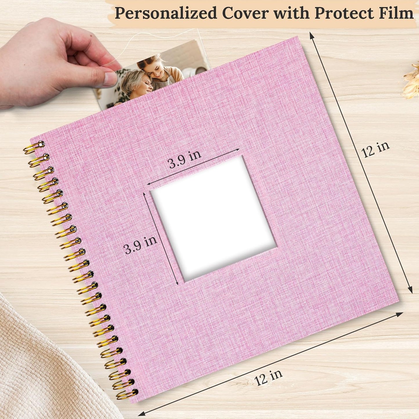 Scrapbook Photo Album Linen Cover, 12 x 12 Inch Hardcover Kraft White Pages Memory Book, for Travel Wedding Guest Book Christmas Baby Shower (40 Sheets/ 80 Pages,Pink)