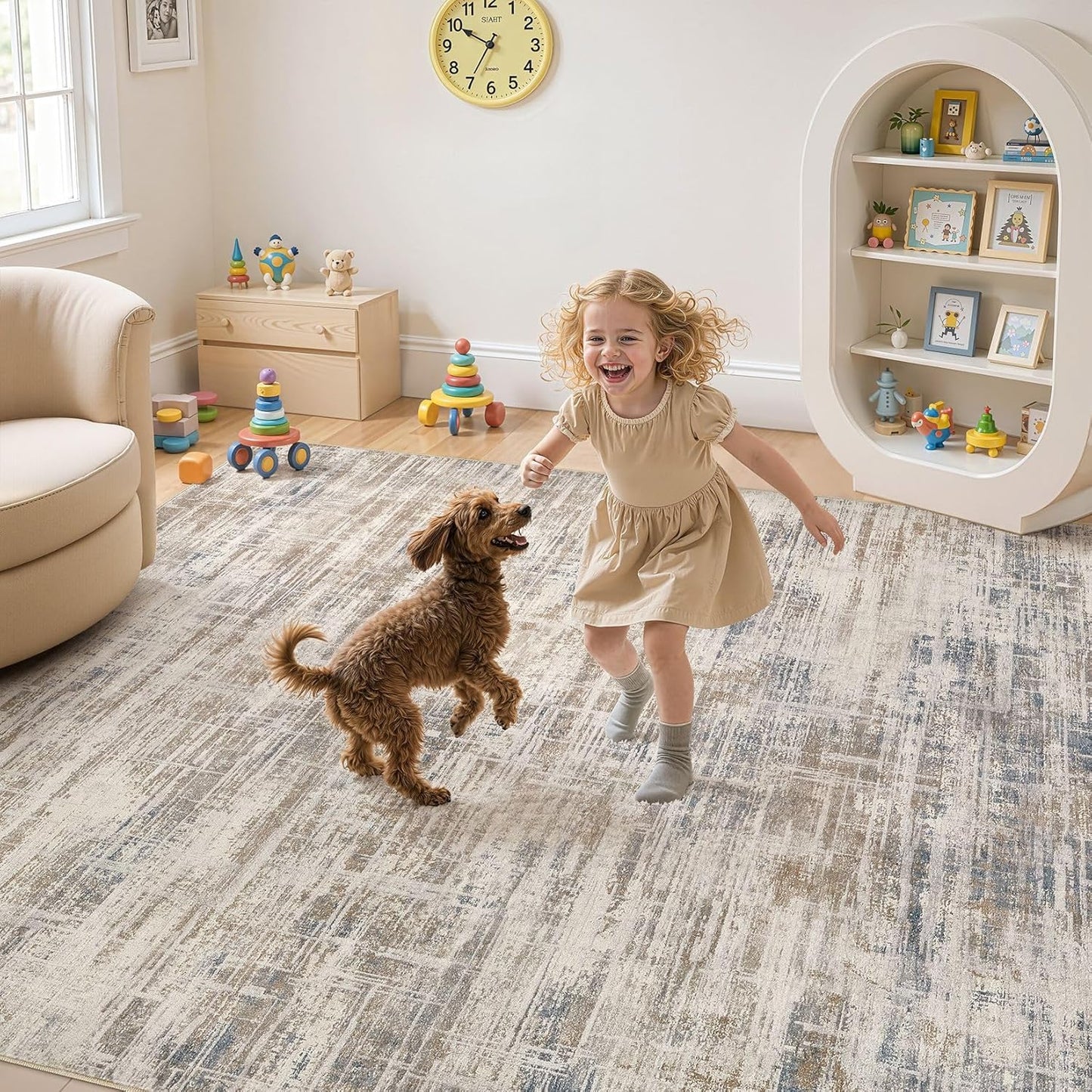 Area Rug for Living Room: 7x9 Washable Neutral Abstract Modern Soft Rugs Non Slip Indoor Floor Stain Resistant Large Carpet for Bedroom Dining Room Office Nursery - Brown