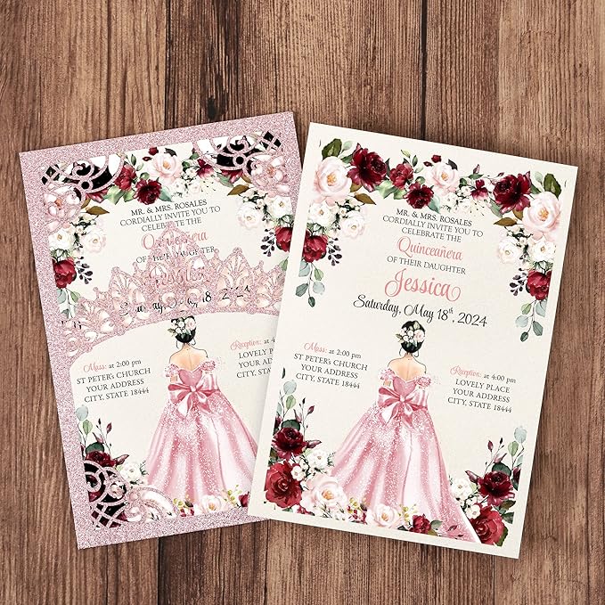 50Pcs Pink Crown Quinceanera Invitation Burgundy for 15 year, Sweet 16, Miss XV, Birthday Laser Cut Quince Invitation Cards Personalized Glitter Pink
