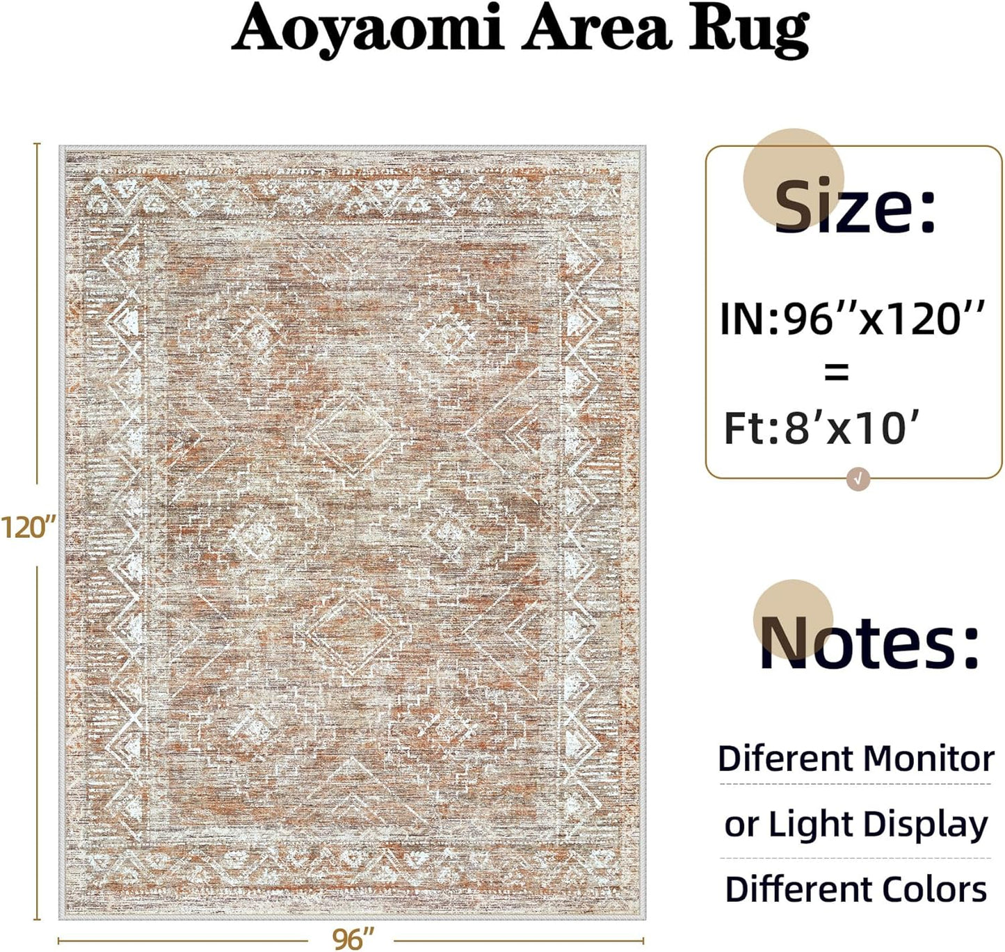 Large Living Room Area Rug 8x10 - Machine Washable Vintage Boho Moroccan Rugs Geometric Neutral Rug Non-Shedding Low Pile Distressed Farmhouse Carpet for Bedroom Nursery Classroom Dorm (8 x 10, Brown)