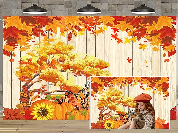 QGHOT Fall Tapestry Wall Hanging Autumn Photo Backdrop Rustic Orange Wood Tapestry Tree Maple Leaf Pumpkin Nature Landscape Country Tapestries for Bedroom Room Thanksgiving Decor (90.6"x70.9")