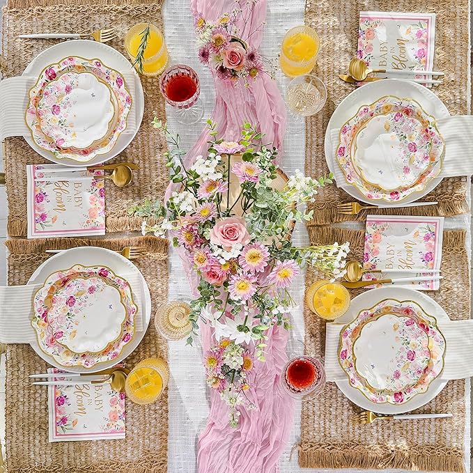 Kate Aspen Baby in Bloom 62 Piece Party Tableware Set Baby Shower Party Decorations Plates & Napkins, Vibrant Floral Botanical (16 Guests)- Perfect for Greenery Baby Shower