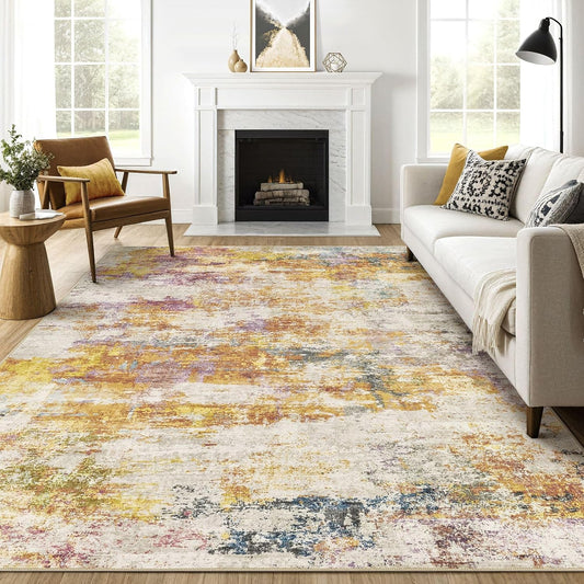 10X12 Area Rugs Living Room: Washable Large Abstract Modern Soft Stain Resistant Indoor Floor Rugs Non Slip Accent Carpet for Bedroom Nursery Playroom Office Dining Room Dorm Home House- Gold Colorful
