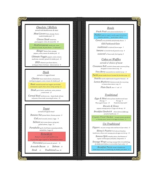 Goodsmart Restaurant Menu Covers - 25 Pack Black 2-Page/4-View 4.25" x 11", Top-Loading Vinyl Menu Holders with Clear Sleeves, Double-Stitched Edge, Leather-Style Café Covers with Gold Corners