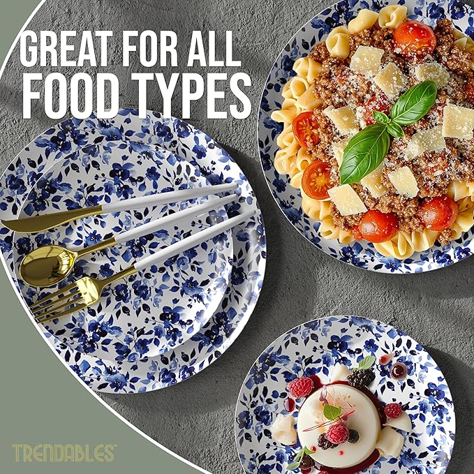 Trendables Heavy Duty Paper Plates Set For 32 Guests - 32 Each Of 8-inch And 10-inch Disposable Plates For Party - Fancy 64 Piece Dinnerware Set For All Occasions | Floral Design, Bluebelle