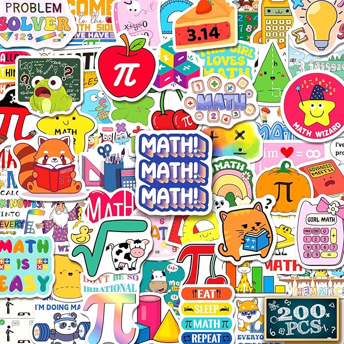 200 PCS Math Stickers for Kids Teens Students, Math Vinyl Stickers for Water Bottle Notebook Journal Laptop Classroom Decor Math Party Favors Teacher Must Haves