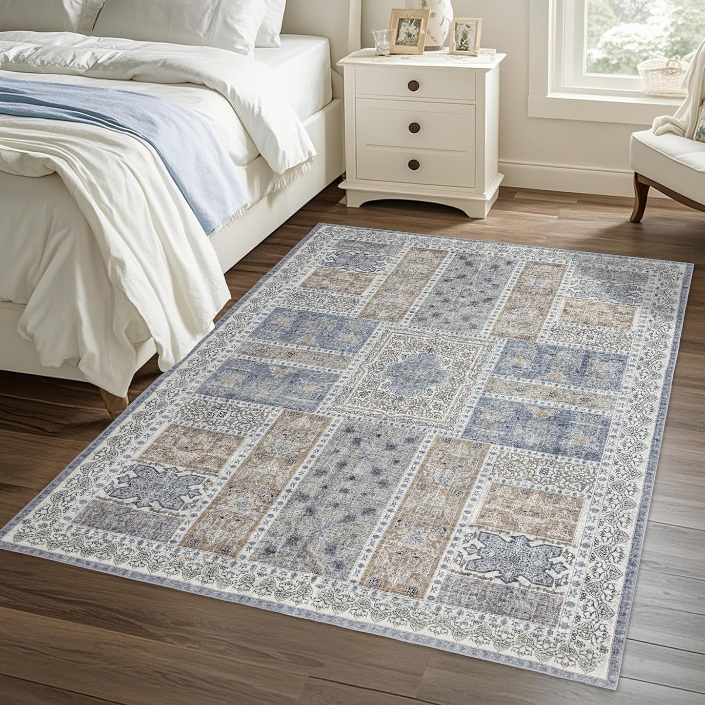 4x6 Area Rug Washable: Oriental Soft Area Rug for Living Room Bedroom No Shedding - Low Pile Thin Carpet Rug for Dining Room Non Slip - Boho Vintage Rug for Home Decor - Blue Grey
