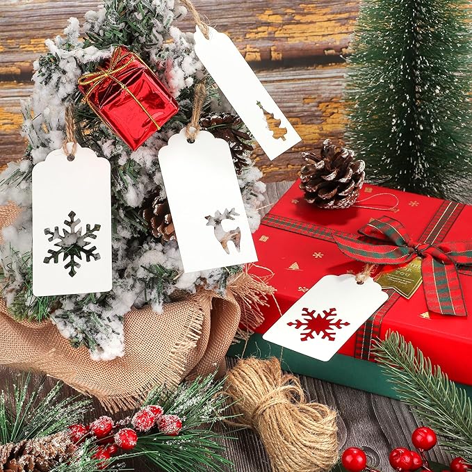 Aneco 150 Pieces Christmas Paper Gift Tags White Kraft Tags Hang Labels Christmas Tree Snowflake Reindeer Design with 30 Meters Jute Twine for Christmas DIY Wrapping Favor Holiday Present