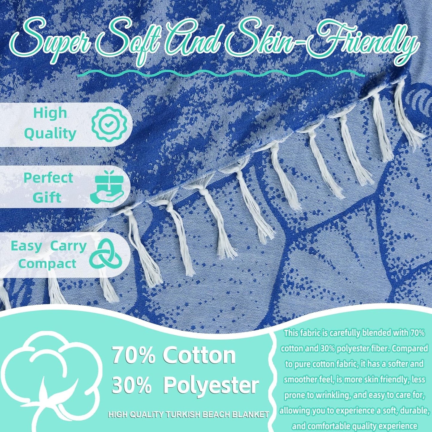 Oversized Turkish Beach Towel Blanket Cotton Giant XL Sandproof Towels Huge Linen XXL Extra Large Big Throw Quilt Blankets for Adults Blue Turtle