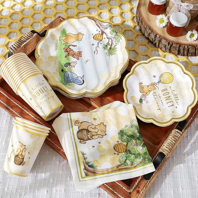 Kate Aspen Honey Bear 78-Piece Winnie Baby Shower Plates and Cups and Napkins Sets for 16 Guests, Classic Winnie Baby Shower Decorations Boy or Girl, Party Paper Plates & Party Supplies