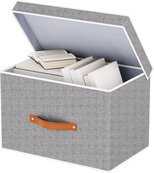 Fabric Storage Bins with Lids, Linen Foldable Clothes Boxes, Closet Organizer Containers with Double Handles, Baskets for Bedroom, Grey, 1 Pack, 13 x 9.1 x 7.9 Inch