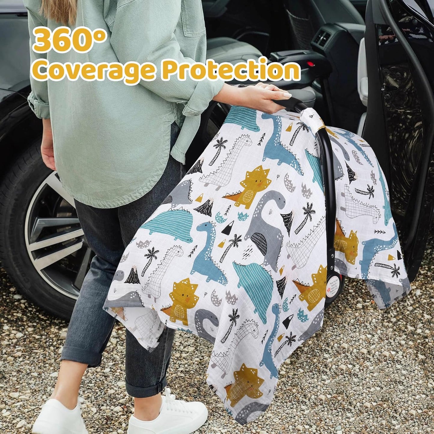 Rquite Dinosaurs Carseat Cover - Muslin Cotton Infant Car Seat Canopy, Breathable Baby Carrier Cover, Summer Stroller Sun Shade