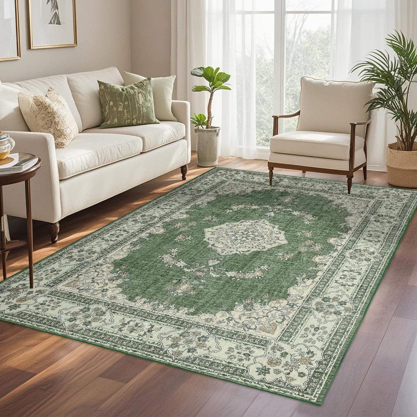 4x6 Area Rug Washable: Oriental Soft Area Rug for Living Room Bedroom No Shedding - Low Pile Thin Carpet Rug for Dining Room Non Slip - Boho Vintage Rug for Home Decor - Olive Green