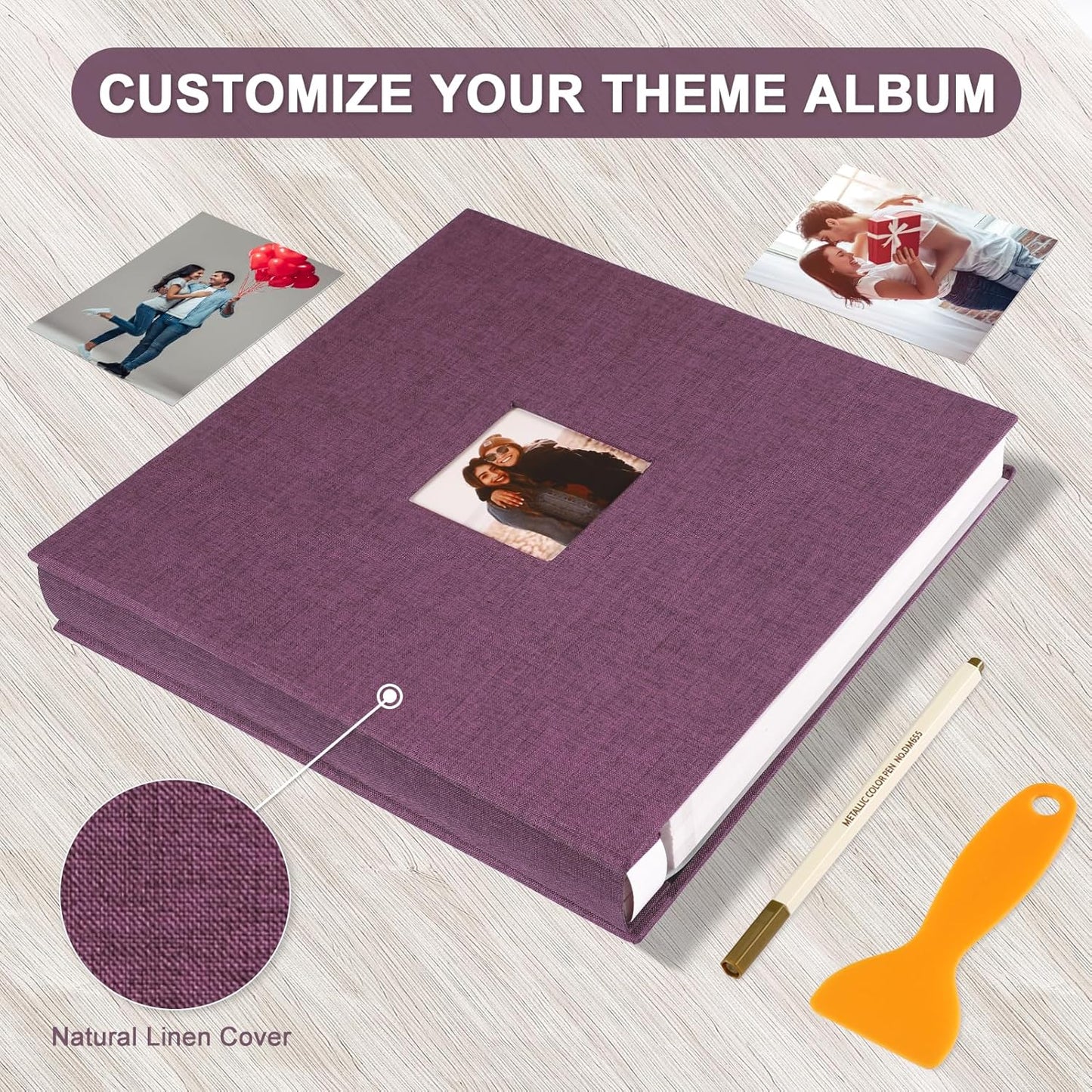 Photo Album Self Adhesive Pages Scrapbook Magnetic Photo Albums for 4x6 5x7 8x10 Pictures Sticky Pages Books for Baby Family Wedding 13.2x12.8 Purple 120 Pages