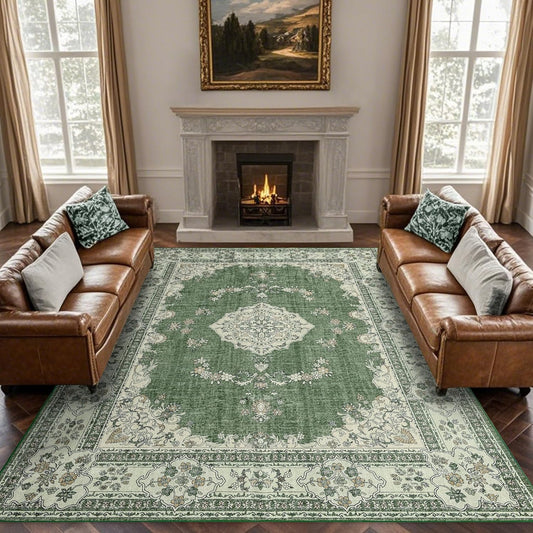 9x12 Area Rug Washable: Oriental Soft Area Rug for Living Room Bedroom No Shedding - Low Pile Thin Carpet Rug for Dining Room Non Slip - Boho Vintage Rug for Home Decor - Olive Green
