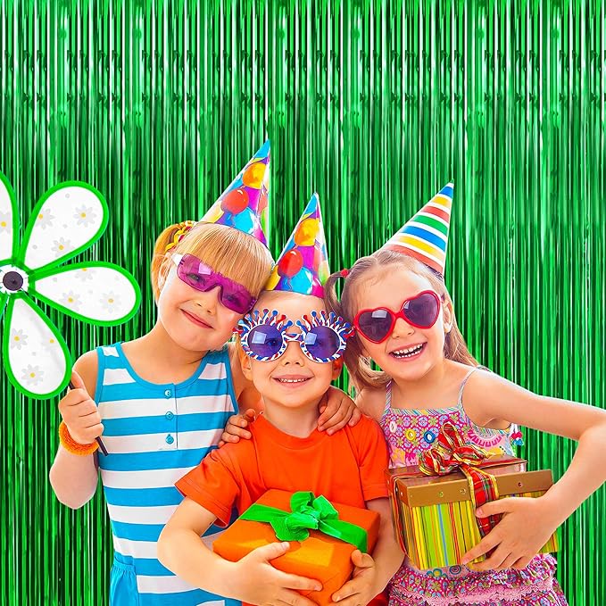 BTSD-home Green Foil Fringe Curtain, Metallic Photo Booth Backdrop Tinsel Door Curtains for St Patricks Day Birthday Bridal Baby Shower Bachelorette Christmas Party Decorations(4 Pack, 8ft x 3ft)