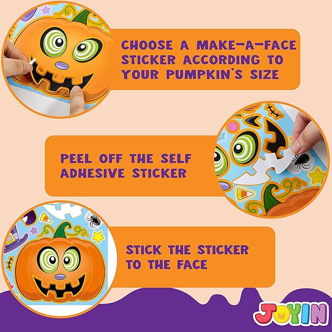 JOYIN 48 Pcs Halloween Pumpkin Stickers for Kids, Halloween Party Favor, Craft Party Supplies, Funny Sticker with Different Pumpkin Design, Classroom Activities Games Goodies Treat Gifts（Age 3+）