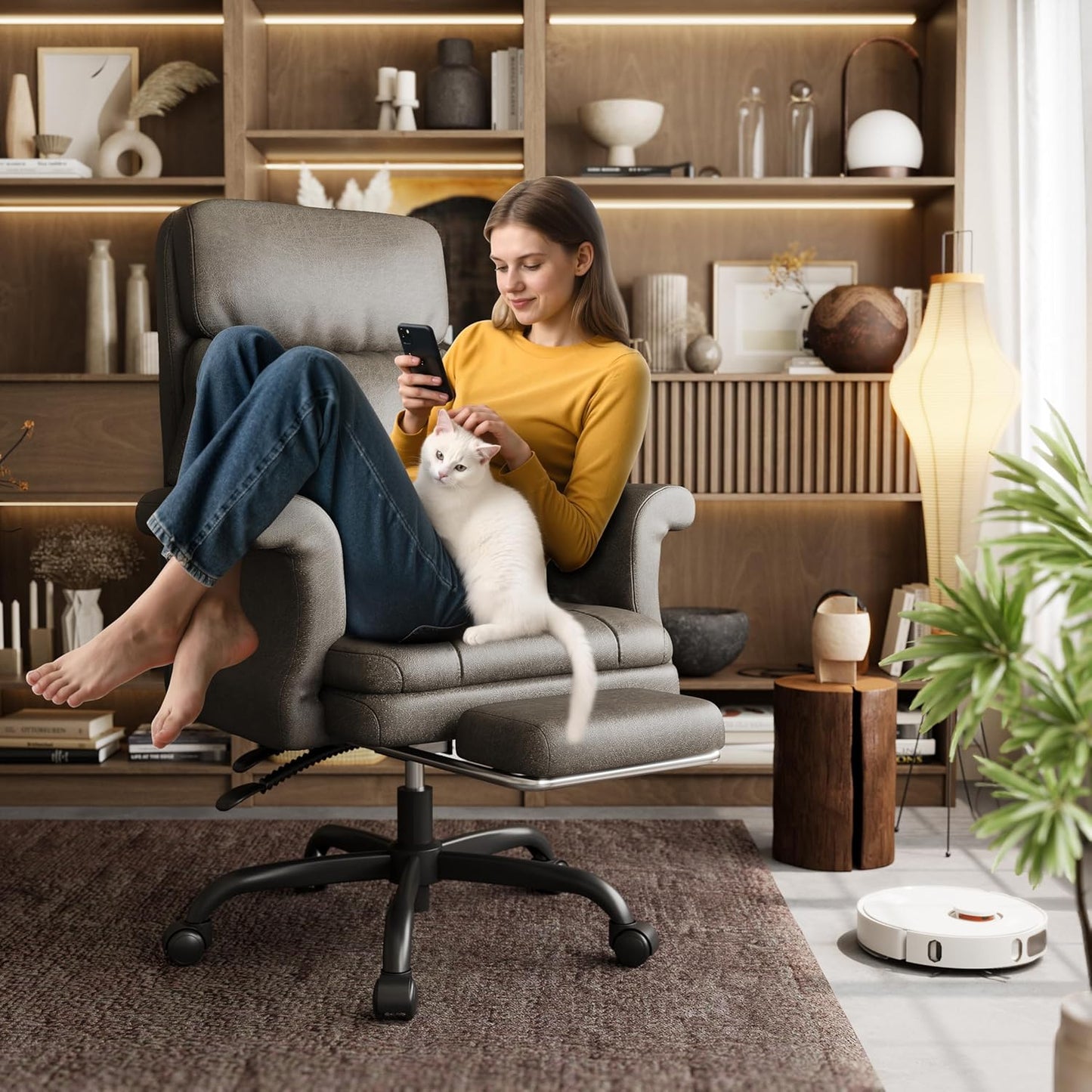 ELABEST C39 Cross Legged Office Chair with Footrest & Convertible Armrests - Pet-Friendly XL Home Desk Chair, Ergonomic Recliner with Lumbar Pillow, Criss Cross Design, Big and Tall Executive Chair