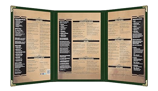 Goodsmart Restaurant Menu Covers – 25 Pack Green 6-View Trifold 5.5" x 8.5", Side-Loading Vinyl & Plastic Menu Holders, Clear Menu Sleeves, Leather-Style Café Covers with Gold Corners