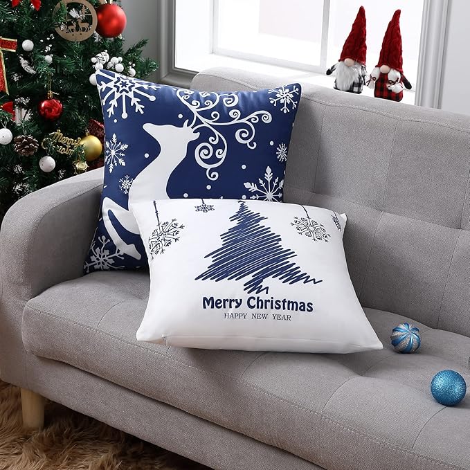 Christmas Pillow Covers 20X20 Set of 4 Navy Blue white Christmas Decorations Merry Christmas Snowflake Throw Pillow Covers Deer Xmas Tree Decor