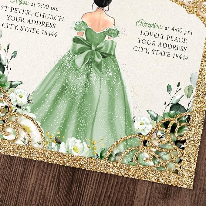 50Pcs Sage Green Crown Quinceanera Invitation for 15 year, Sweet 16, Miss XV, Birthday Laser Cut Quince Invitation Cards Personalized Glitter Gold