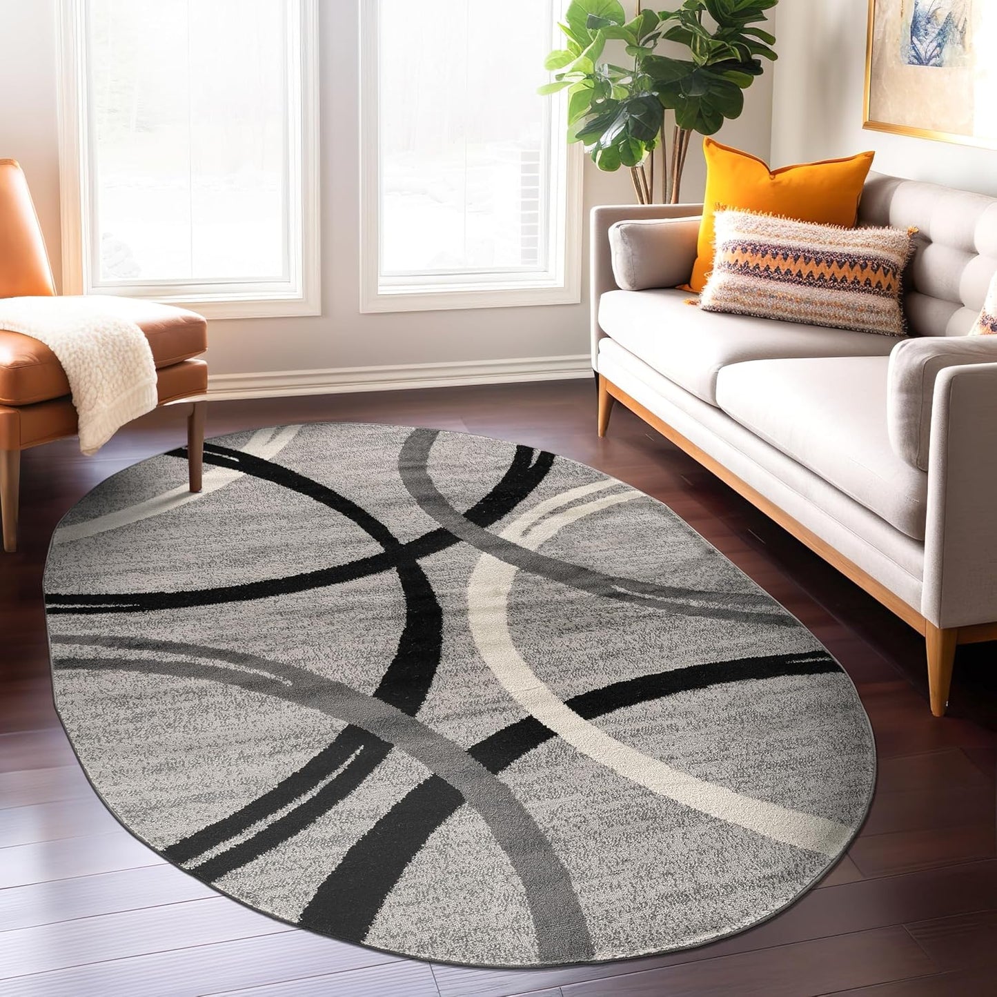 Rugshop Modern Wavy Circles Design Oval Area Rug 5' x 7' Gray