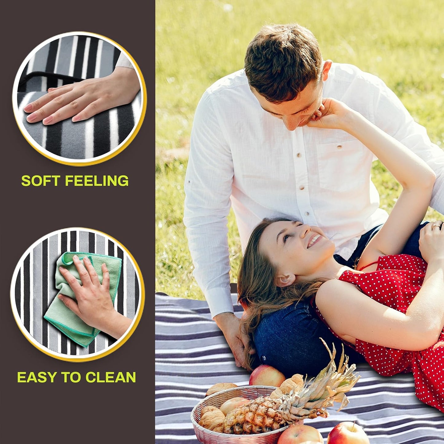 PortableAnd Extra Large Picnic & Outdoor Blanket 3 Layers for Water-Resistant Handy Mat Tote Spring Summer Black and White Striped Great for The Beach,Camping on Grass Waterproof Sandproof