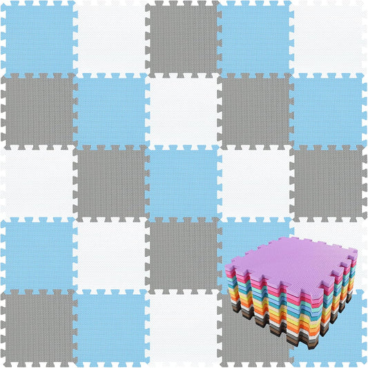 qqpp EVA Rubber 18 Tiles Interlocking Puzzle Foam Floor Mats - Baby Play Mat for Playing | Exercise Mat for Home Workout. White, Blue, Gray. QC-AGLb18N