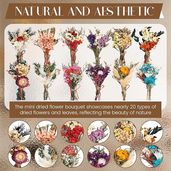 Layhit 12 Pack Boho Dried Flower Bouquet Mini Wedding Handmade Dry Flowers Decor for Vase Crafts DIY Photo Boutonniere for Men Floral Plant for Bridesmaid Gift Birthday Decor
