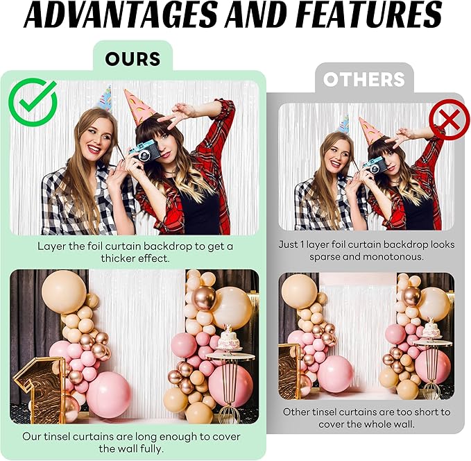 BTSD-home 4 Pack 3x 8ft White Foil Fringe Curtain Backdrop Party Streamers Decorations Metallic Photo Booth Tinsel Theme Bachelorette Graduation Wedding Birthday Bridal Shower Christmas Decor Supplies