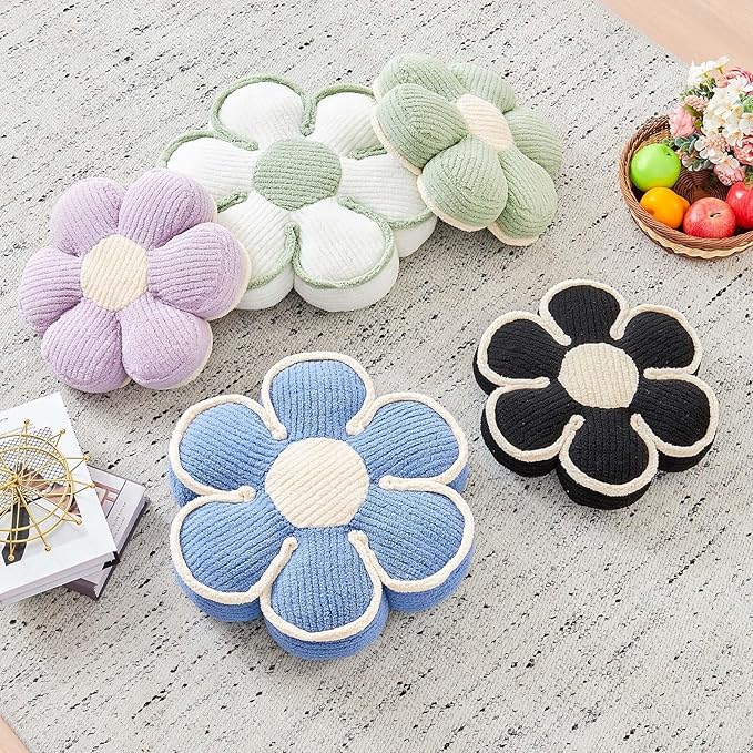 Flower Pillow, Soft Flower Decorative Throw Pillow, Cute Daisy Flower Shaped Seating Floor Cushion Room Décor Plush Pillows for Sofa Couch Bed (13.7 Inch, Black)