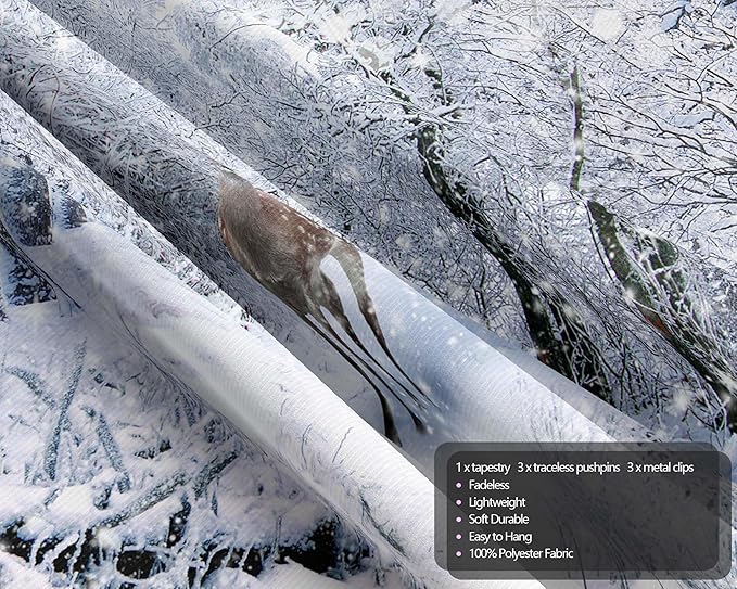 QGHOT Winter Tapestry Wall Hanging, Snow Scene Backdrop Winter Wonderland Wall Decor Snowy Forest Wall Art Nature Woodland Deer Tapestry for Bedroom Room Dorm Party Decoration, Large