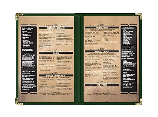 Goodsmart Restaurant Menu Covers – 25 Pack Green 4-View, Side-Loading Menu Holders, Vinyl & Plastic Café Menu Covers, Clear Menu Sleeves, Fits 5.5" x 8.5", Leather-Style Design, Gold Corners