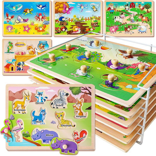 SYNARRY Wooden Puzzles for Toddlers 1-3, 6XSET Animals Puzzles for Toddlers 2-4 with Rack, Toddler Puzzles Ages 2-4, Kids Learning Educational Montessori Toys for 2 3 Year Old, Gifts for Boys Girls