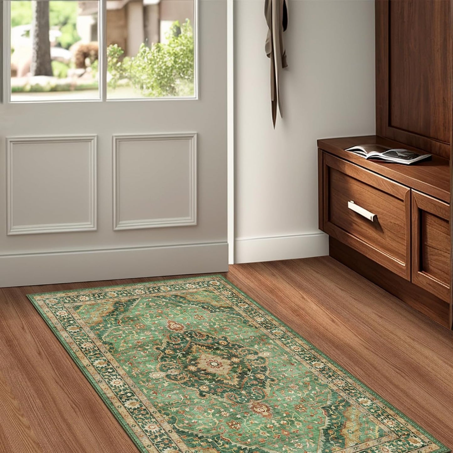 Green Runner Rug 2x4 Rugs Boho Small Washable Runner Rugs for Entryway Bathroom Kitchen, Small Rugs Soft Low Pile Non-Slip Rubber Backing Oriental Door Mat