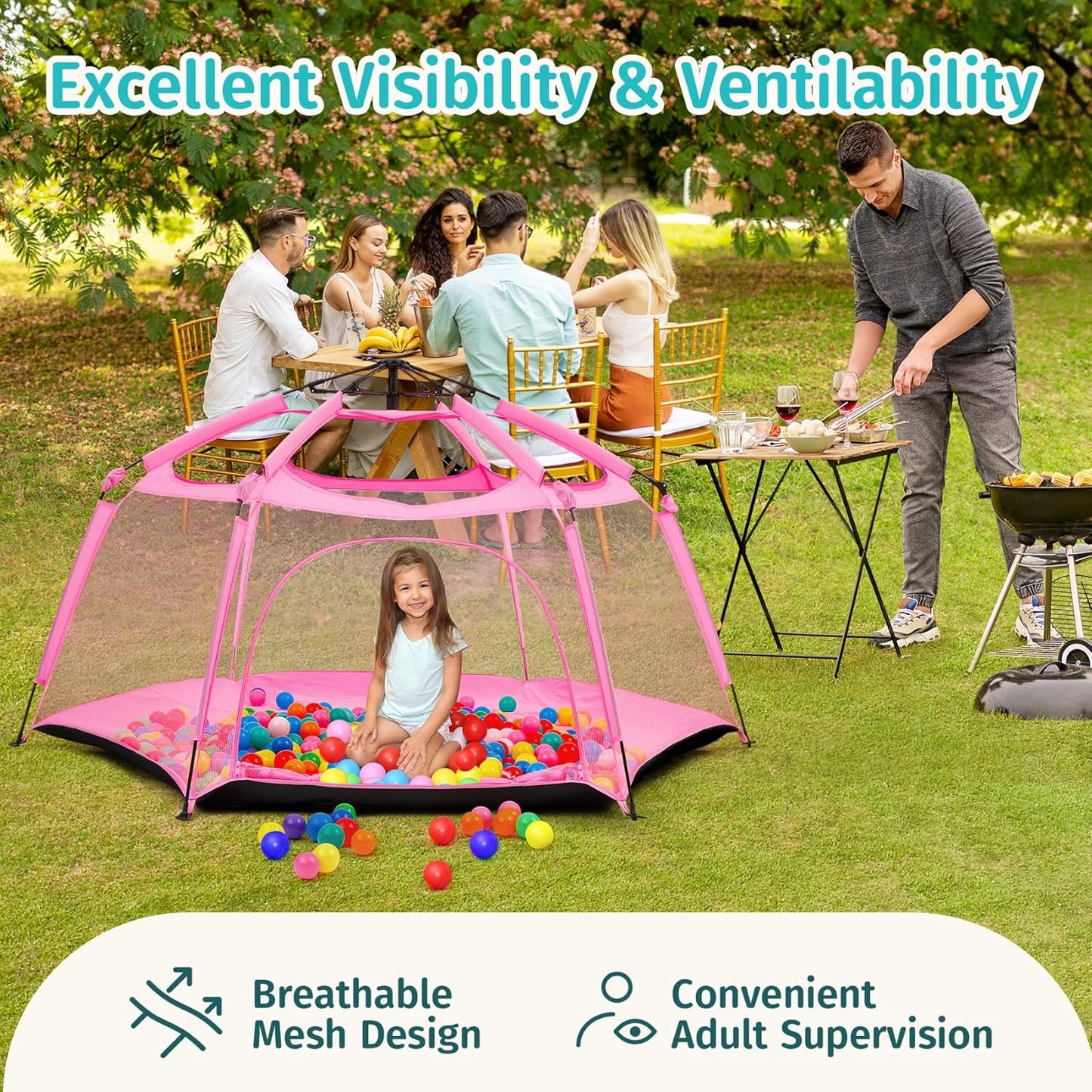 Alvantor Pop Up Playpen- 7'x7'x44”Baby Playpen Large Kids Play Tent Portable and Foldable Playpen Indoor/Outdoor Play Yard with Protective Mesh, UV SPF 50+ Sunshade, and Soft Foam Floor, Pink