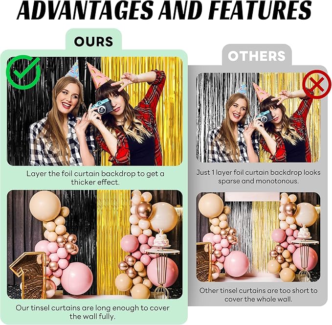 BTSD-home 4 Pack Black Gold Metallic Foil Fringe Curtain Tinsel Streamer Party Decorations Photo Booth Backdrop for Bachelorette Birthday Halloween