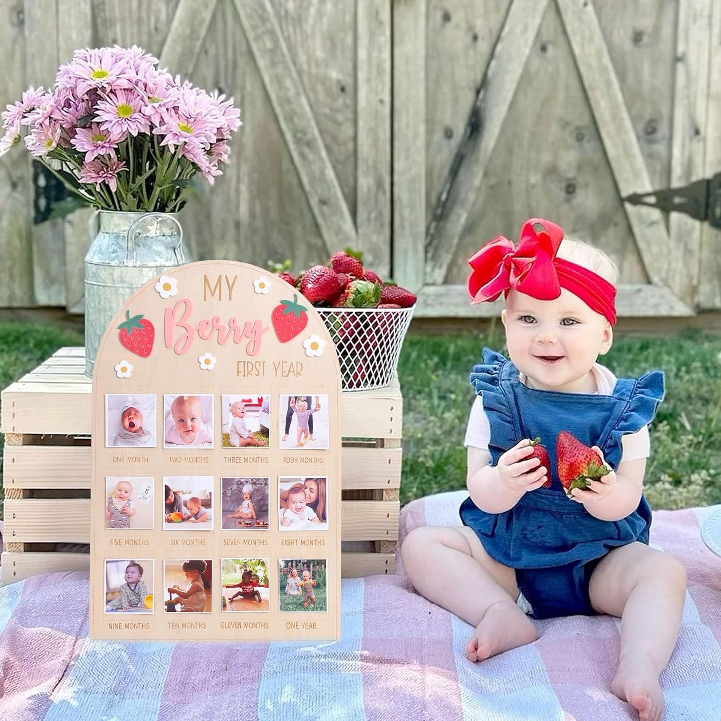 WAOUH Berry First Year Photo Wood Board - Strawberry 1st Birthday Decorations,Strawberry 1 to 12 Months Photo Board,Berry Daisy One Year Photos Display,Newborn Sweet Monthly Milestone Photos Sign