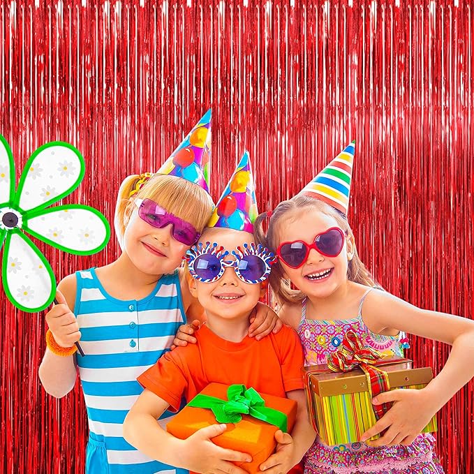 BTSD-home Red Foil Fringe Curtain, Metallic Photo Booth Backdrop Tinsel Door Curtains for Wedding Birthday Bridal Shower Baby Shower Bachelorette Christmas Party Decorations(4 Pack, 8ft x 3ft)