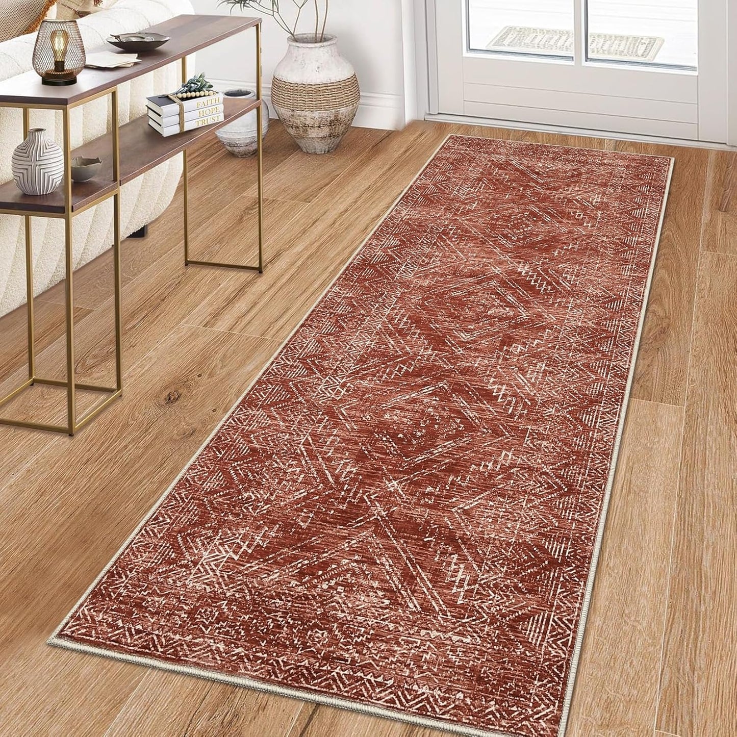 COZYLOOM 2x8 Rug Modern Indoor Area Rug Machine-Washable for Living Room or Bedroom Softness Foldable Carpet for Easy Storage Geometric Design Non Slip Rug Stain Resistant Carpet, Brick Red
