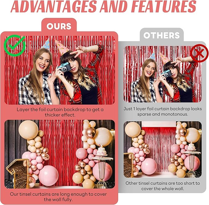 BTSD-home Red Foil Fringe Curtain, Metallic Photo Booth Backdrop Tinsel Door Curtains for Wedding Birthday Bridal Shower Baby Shower Bachelorette Christmas Party Decorations(4 Pack, 8ft x 3ft)