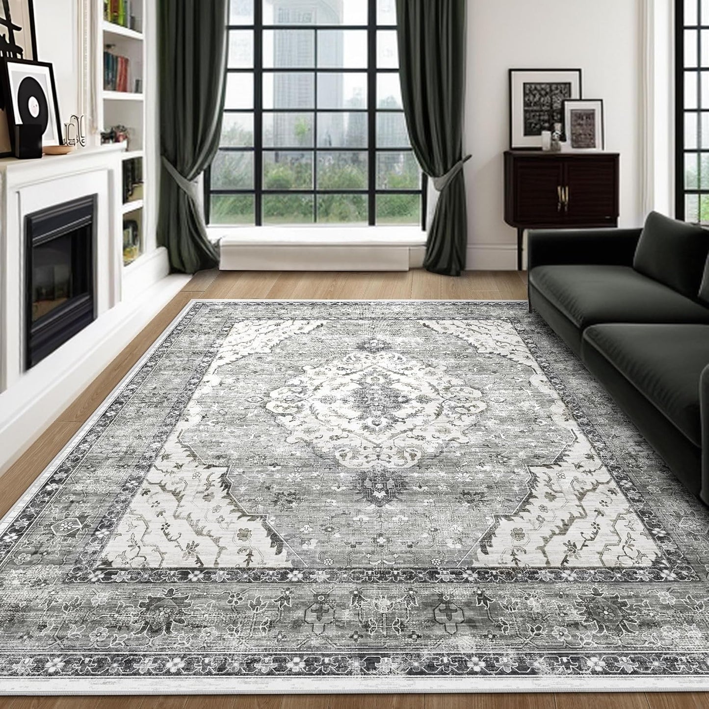 Boho Grey Area Rug 9x12 Rugs for Living Room Distressed Area Rugs, Non Slip Washable Vintage Rugs Carpet Large Rug for Bedroom Dining Room Office, Floor Decoration Big Rug Low-Pile (Grey)