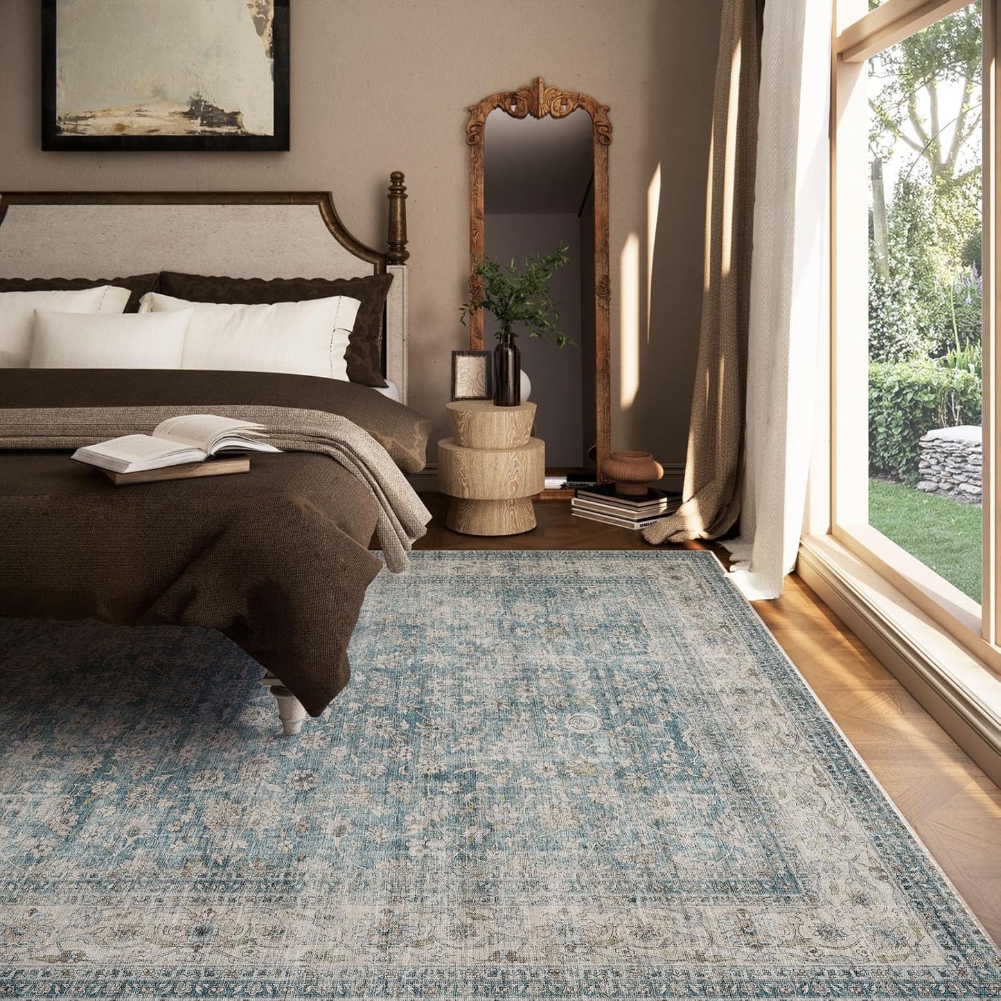 Machine Washable Living Room Rug: 8x10 Area Rugs for Bedroom Vintage Stain Resistant Non Slip Low Pile Lightweight Boho Carpet for Kitchen Dining Room Farmhouse Kids Room Nursery