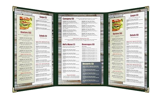 Goodsmart Restaurant Menu Covers – 25 Pack Green 6-View Trifold 8.5" x 14", Side-Loading Vinyl & Plastic Menu Holders, Clear Menu Sleeves, Leather-Style Café Covers with Gold Corners