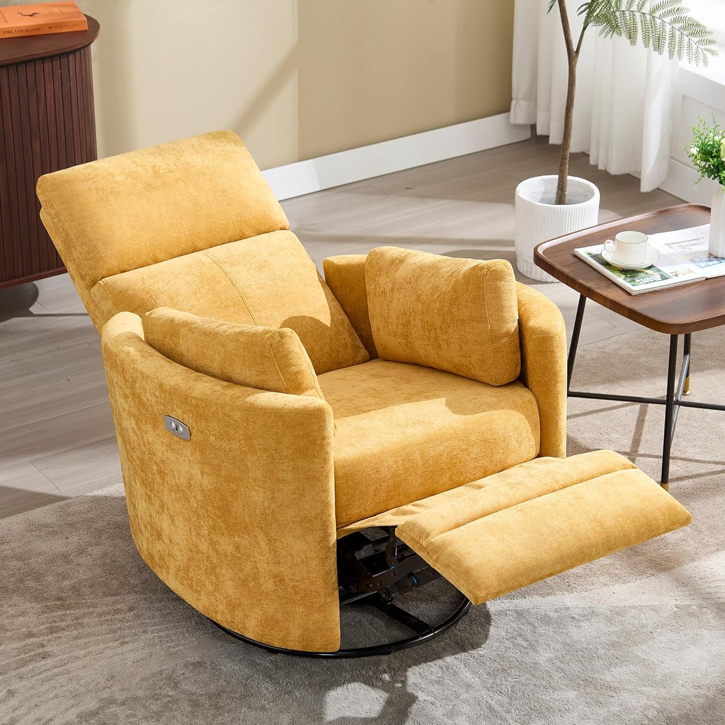 Recliner Swivel Glider Electric Rocking Chair with USB Port,Multifunction Power Recliner Living Room Bedroom with Upholstered Nursery Chair Adult Rocking Chair with 2 Pillows (Yellow, Power-Driven)