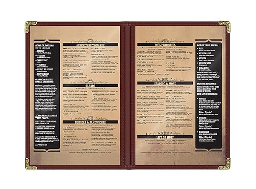 Goodsmart Restaurant Menu Covers – 25 Pack Burgundy 4-View, Side-Loading Menu Holders, Vinyl & Plastic Café Menu Covers, Clear Menu Sleeves, Fits 5.5" x 8.5", Leather-Style Design, Gold Corners