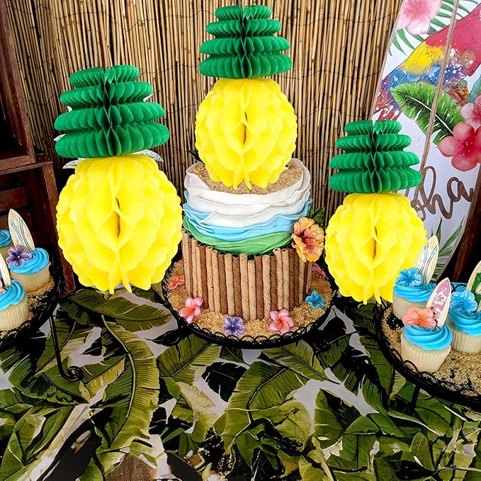 Gyufise 6Pcs Pineapple Honeycomb Centerpieces Tissue Paper Pineapple Table Hanging Decorations for Tropical Luau Hawaiian Jungle Party Supplies Favor