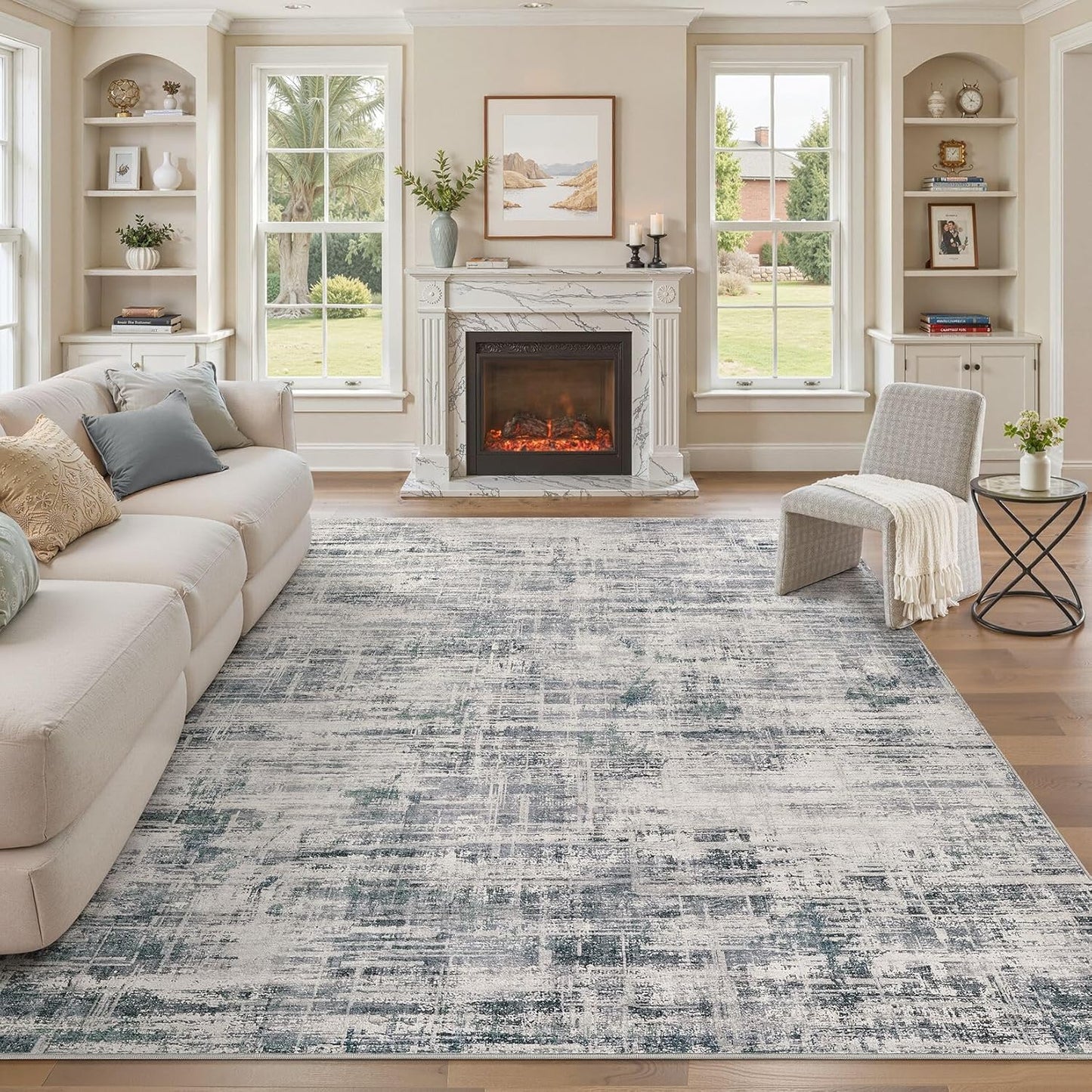 Area Rug for Living Room: 7x9 Washable Neutral Abstract Modern Soft Rugs Non Slip Indoor Floor Stain Resistant Large Carpet for Bedroom Dining Room Office Nursery - Gray