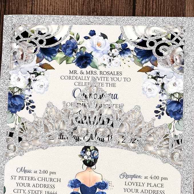 50Pcs Navy Blue Crown Invitations for Quinceanera, 15 year, Sweet 16, Miss XV, Birthday Laser Cut Quince Invitation Cards Personalized Glitter Silver