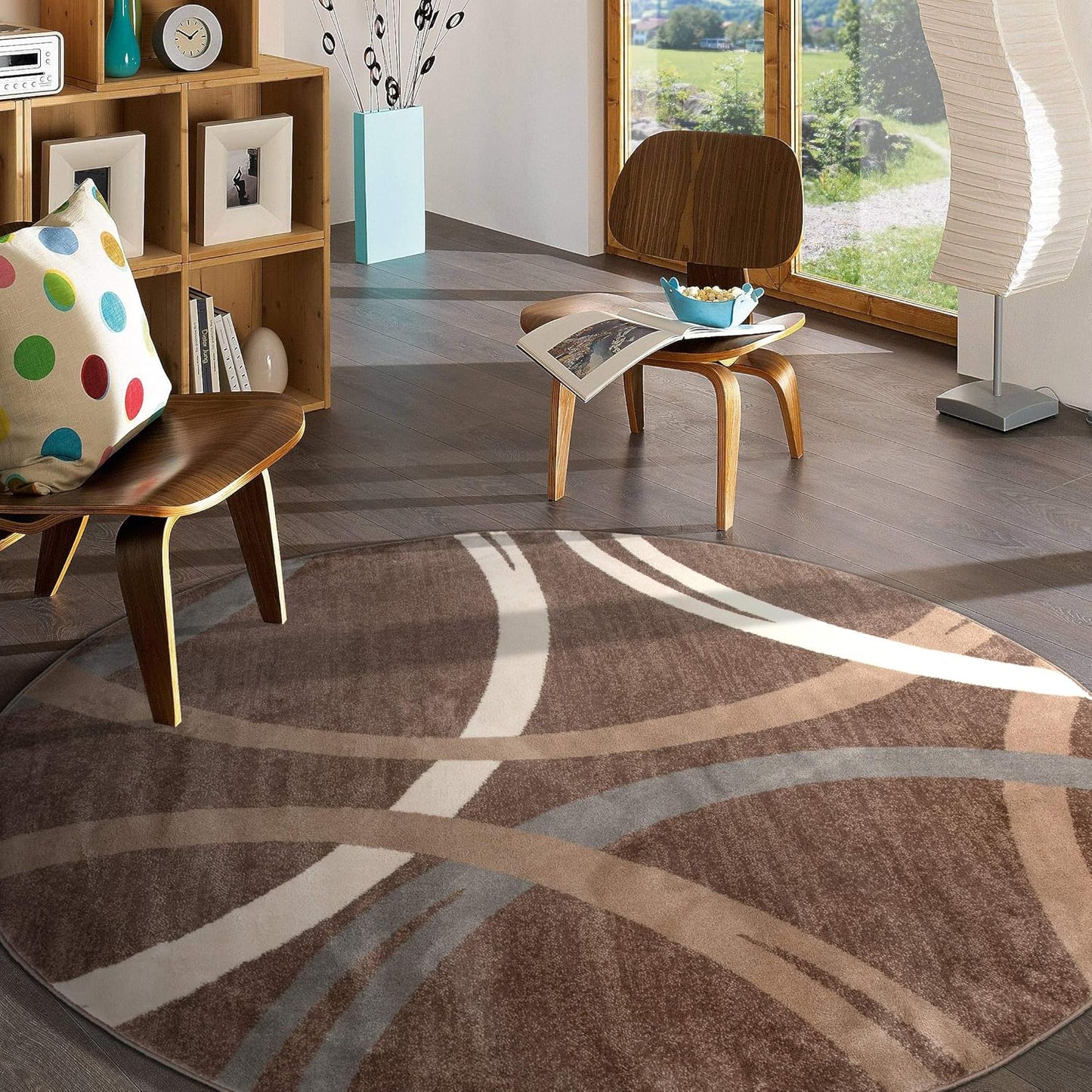Rugshop Modern Wavy Circles Design Round Area Rug 8' Brown
